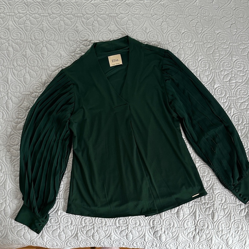 Elie Tahari  Dark Green Blouse with Pleated Sleeves